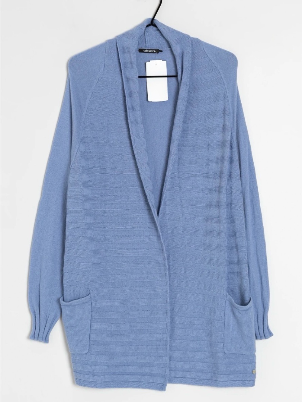 Olsen Europe Henny Open-Front Pocket Cardigan in Moonlight Blue. Size L.
